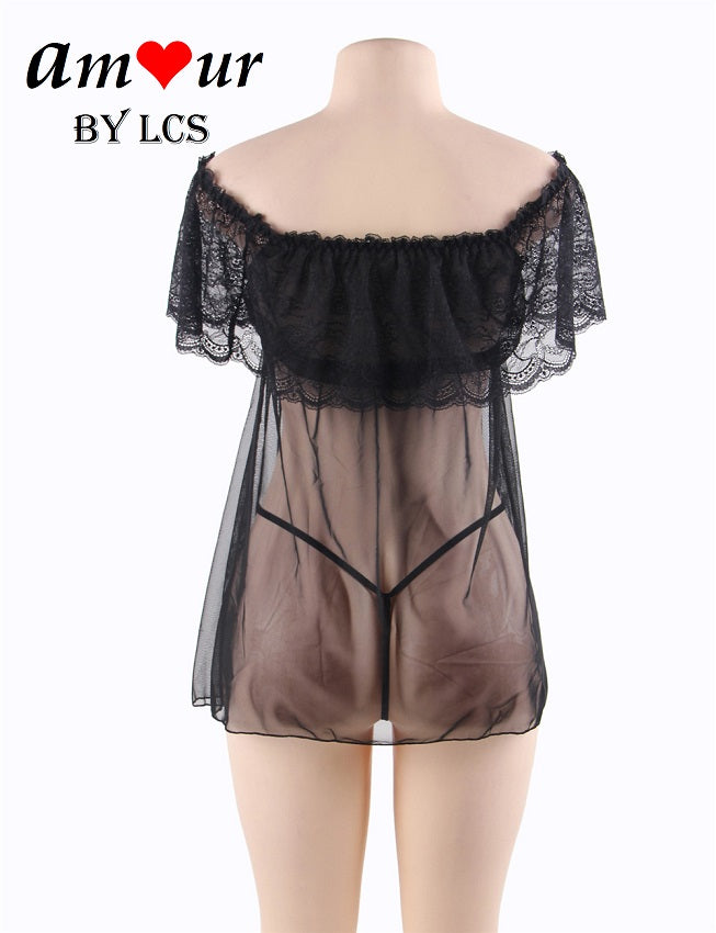 [black sheer lace off shoulder babydoll]- AMOUR Lingerie