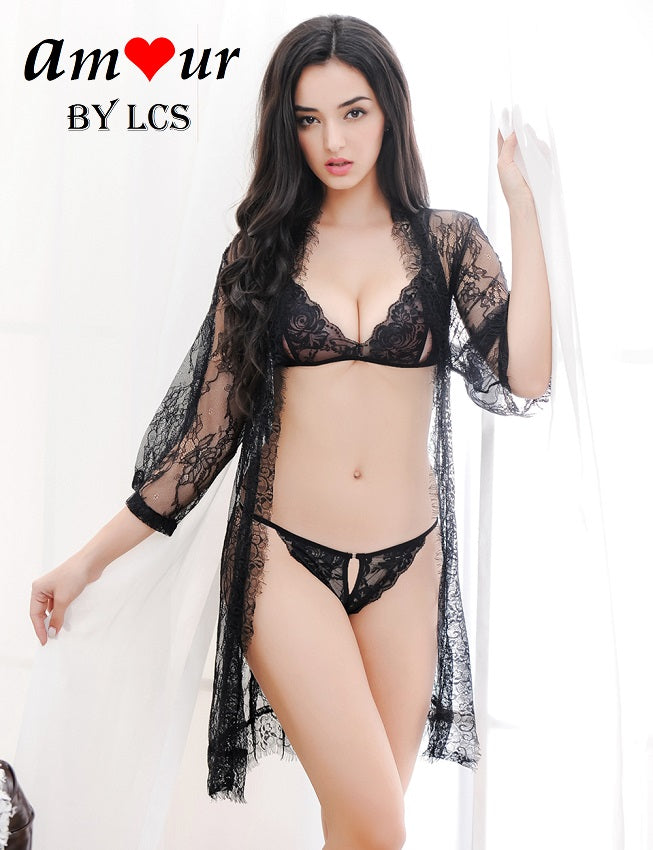 [black sheer lace robe lingerie] - AMOUR Lingerie