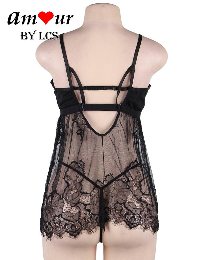 Sexy Sheer Black Scallop Lace Babydoll