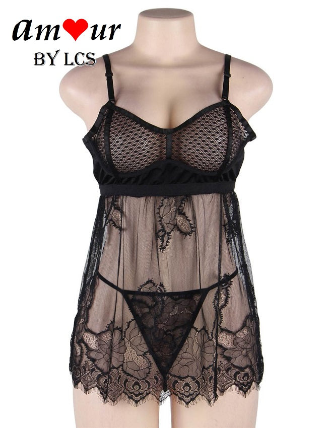 Sexy Sheer Black Scallop Lace Babydoll