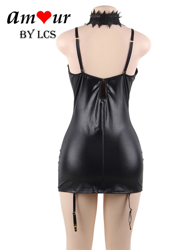 Sexy Leather Choker Necklace Babydoll with Garters