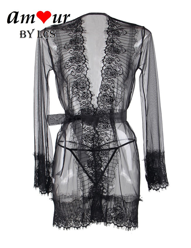 Seductive Translucent Lace Robe Lingerie