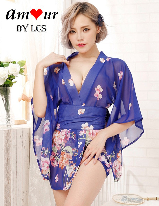 [electric blue sexy kimono robe] - AMOUR Lingerie