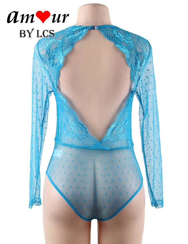 Intoxicating Plunging Neckline Long Sleeve Lace Bodysuit