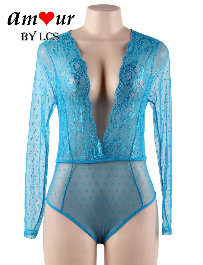 Intoxicating Plunging Neckline Long Sleeve Lace Bodysuit