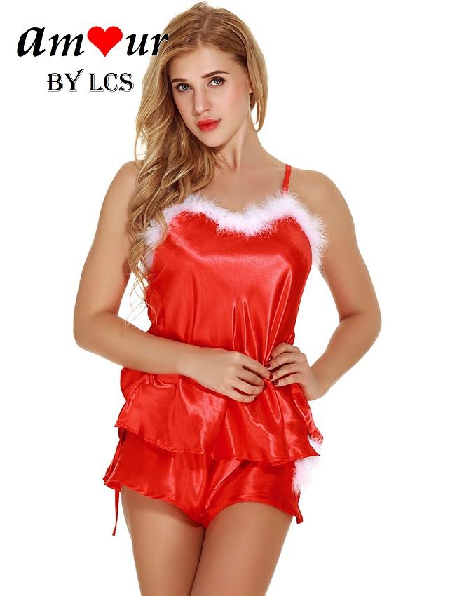 [red satin cami boyshorts set] - AMOUR Lingerie