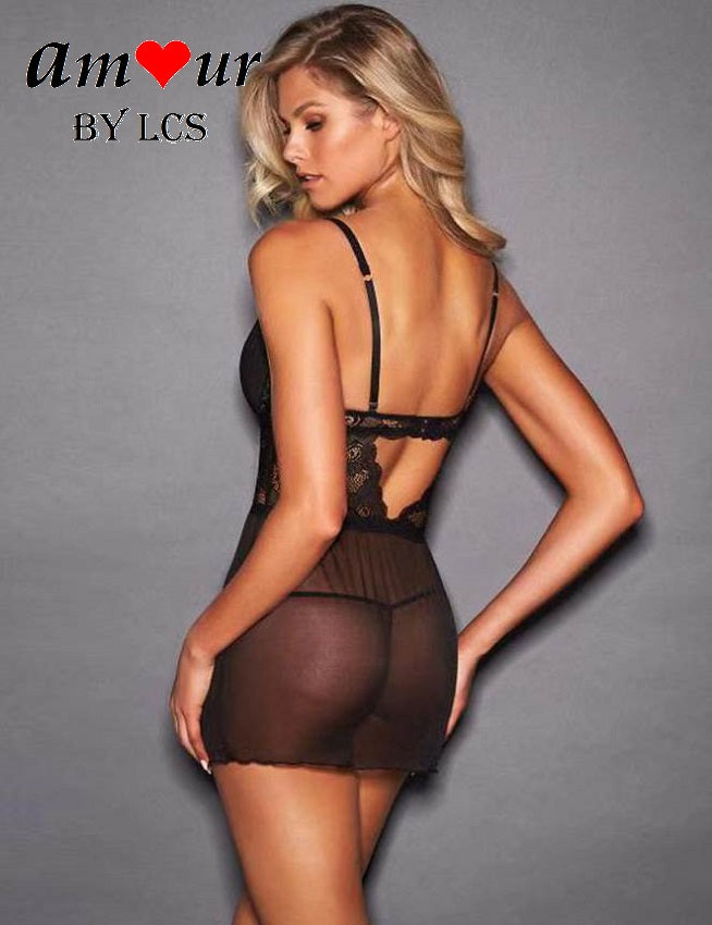 [v opening black lace chemise] - AMOUR Lingerie