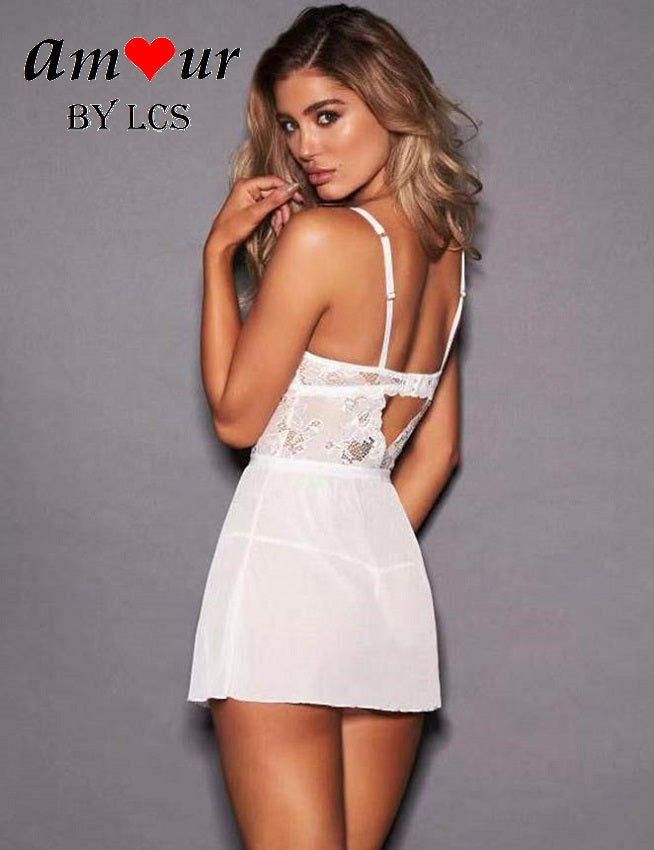 [v-opening white lace chemise] - AMOUR Lingerie
