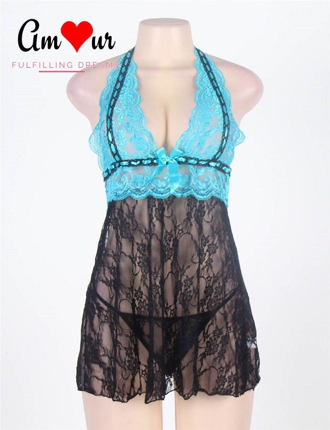 Minty Halterneck Lace Bareback Babydoll