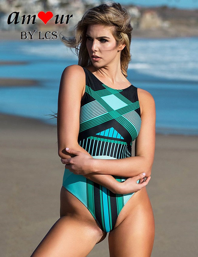 [green geometry swimming costume] - AMOUR Lingerie