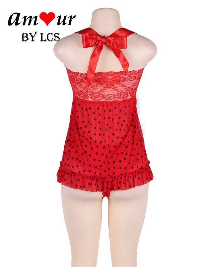 Sizzling Hearts Red Halter Open Front Flyaway Babydoll
