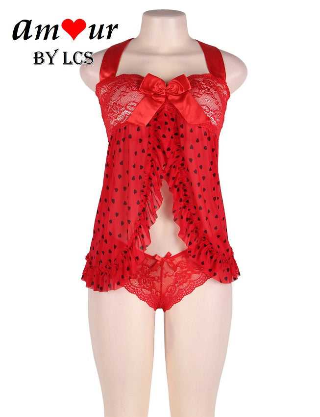 Sizzling Hearts Red Halter Open Front Flyaway Babydoll