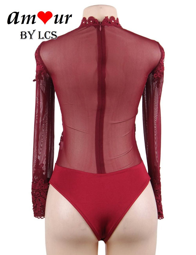 Sensual Maroon Lace Applique Leotard Partywear