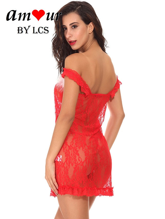 [off shoulder red lace chemise] - AMOUR Lingerie