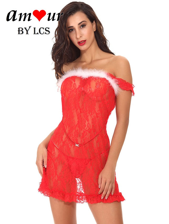 [white fur trim lce chemise] - AMOUR Lingerie