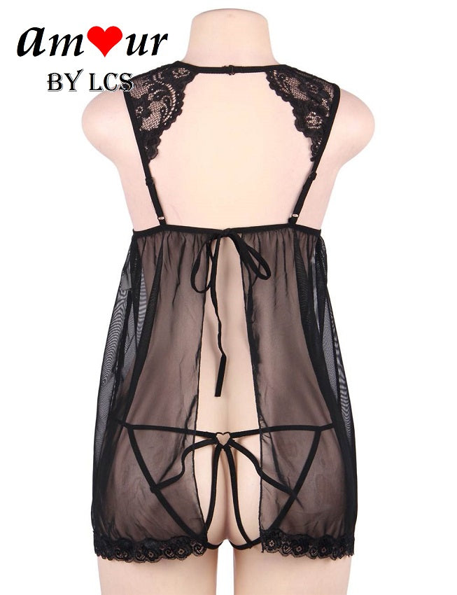 Titillating Open Back Sheer Lace Sexy Chemise