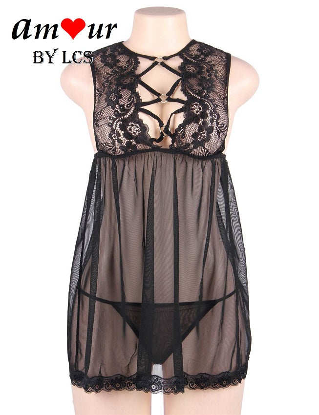 [black lace chemise actual] - AMOUR Lingerie