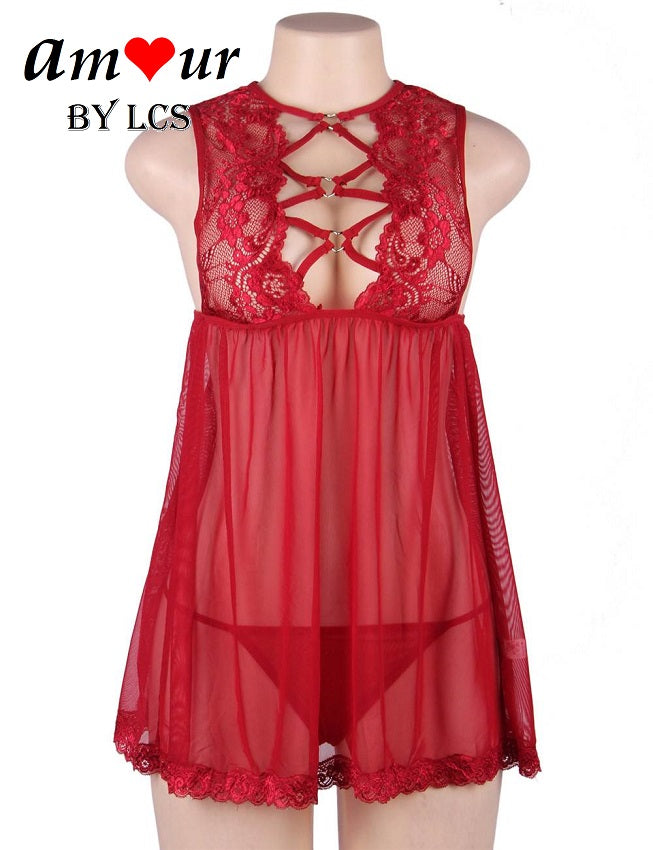 [sexy red lace chemise actual] - AMOUR Lingerie