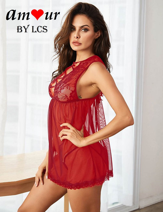 [red lace sexy chemise] - AMOUR Lingerie