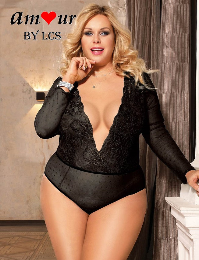 [sexy plus size black lace teddy] - AMOUR Lingerie