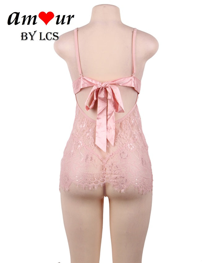 [pink ribbon tieback babydoll] - AMOUR Lingerie