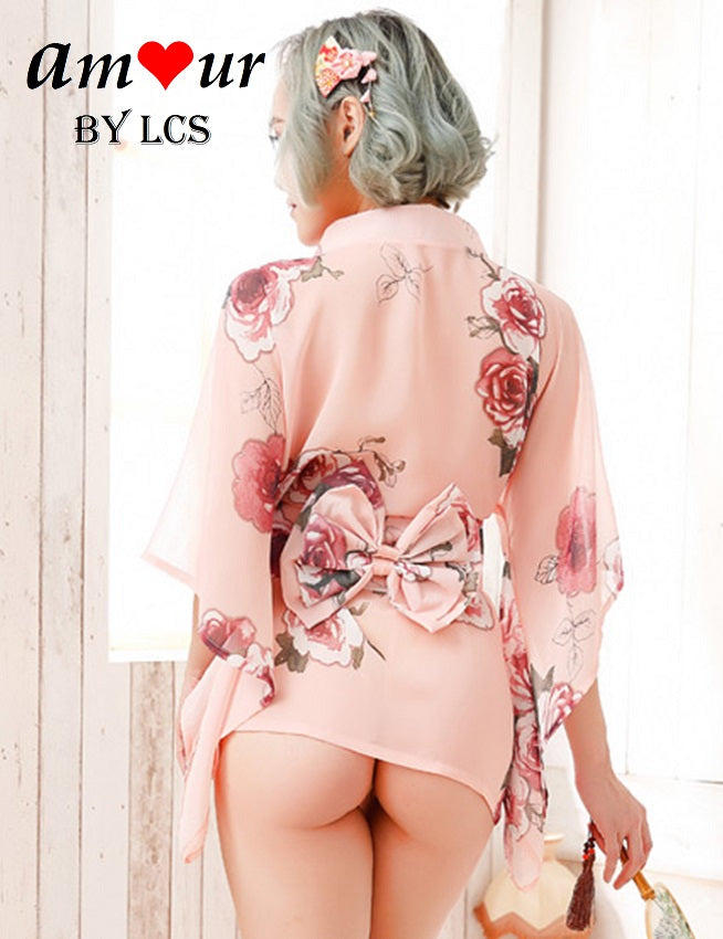[peach japanese mini kimono robe] - AMOUR Lingerie
