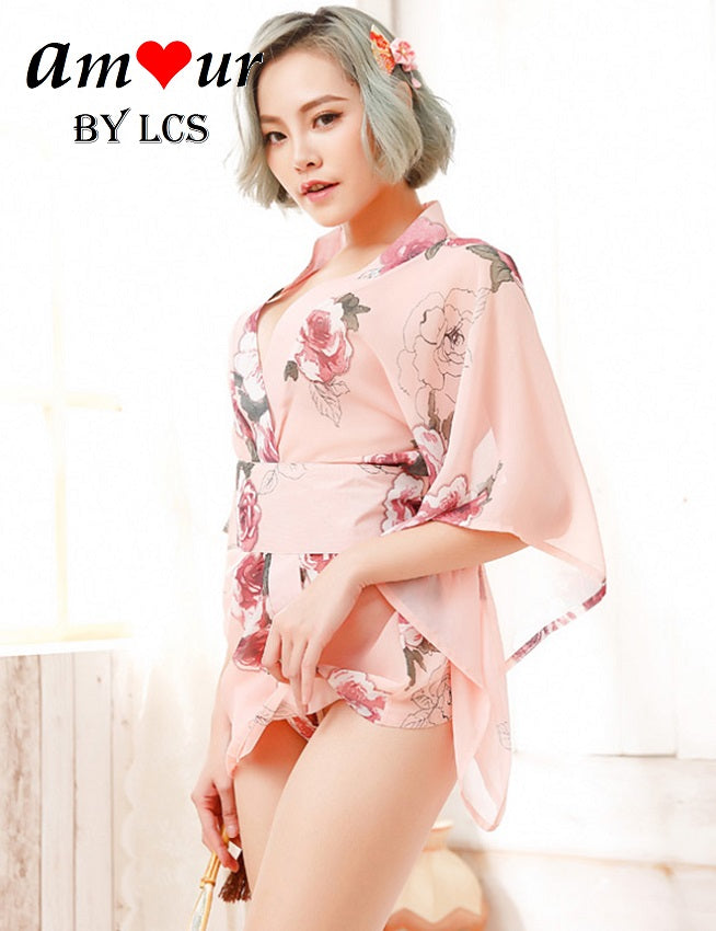 [erotic peach japanese kimono robe] - AMOUR Lingerie