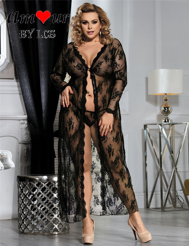 [plus size lace robe gown] - AMOUR Lingerie