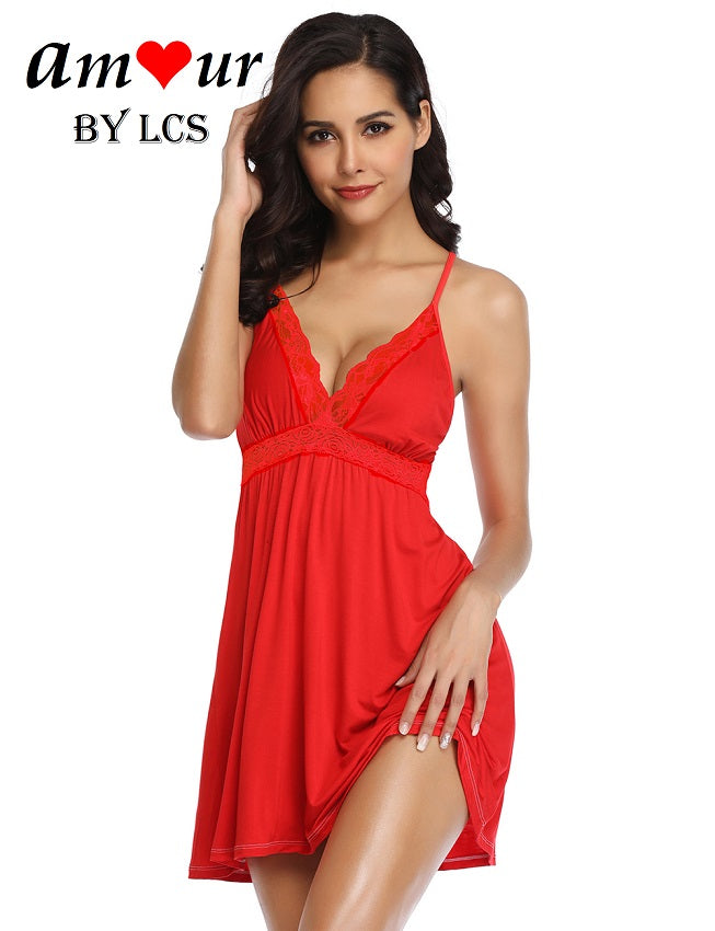 [red halter chemise pajamas] - AMOUR Lingerie