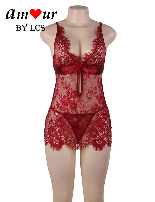 [red lace babydoll on mannequin] - AMOUR Lingerie