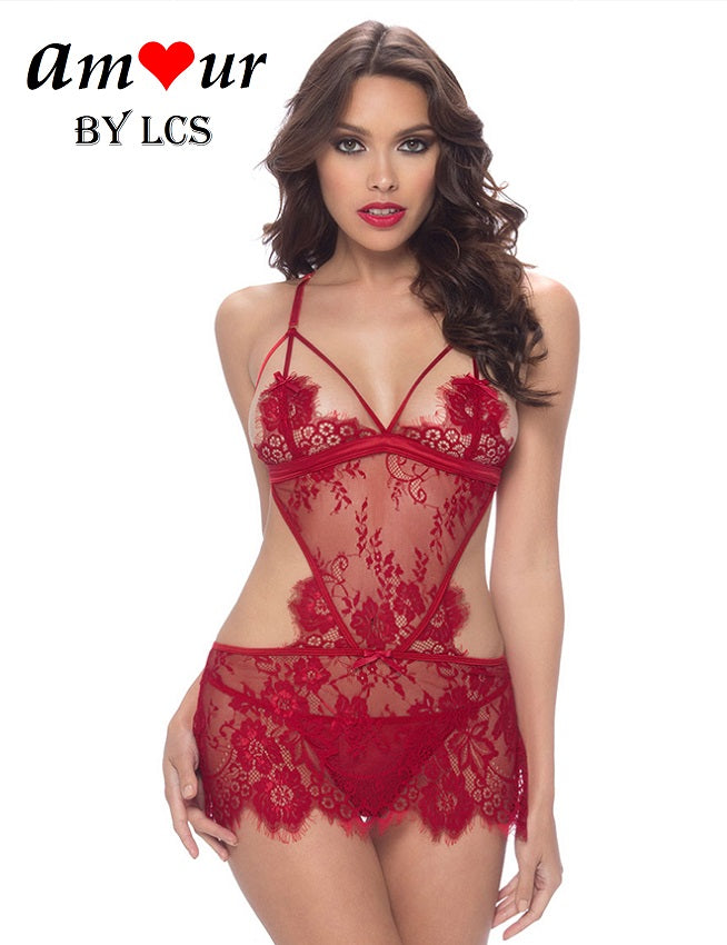 [steamy red lace babydoll] - AMOUR Lingerie