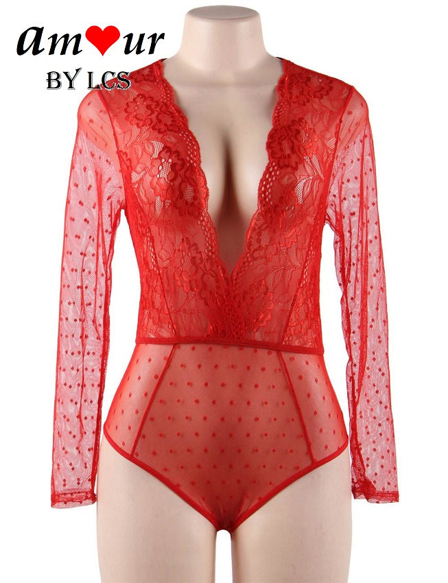 Intoxicating Plunging Neckline Long Sleeve Lace Bodysuit