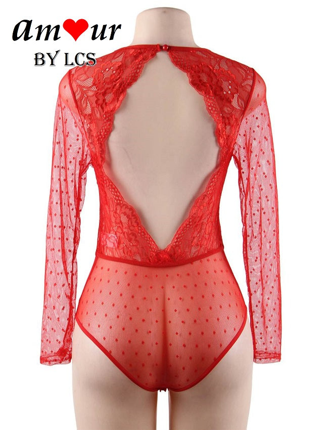 Intoxicating Plunging Neckline Long Sleeve Lace Bodysuit