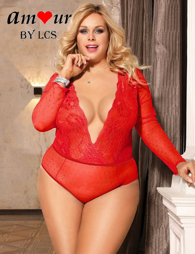 [erotic plus size red lace bodysuit] - AMOUR Lingerie