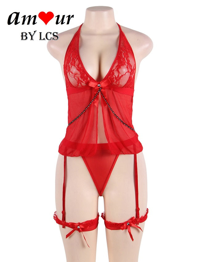 sheer red lace babydoll garters