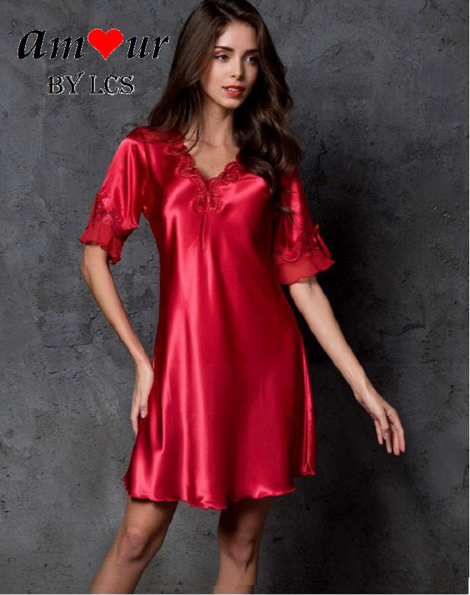 [red satin pyjamas nightdress] - AMOUR Lingerie