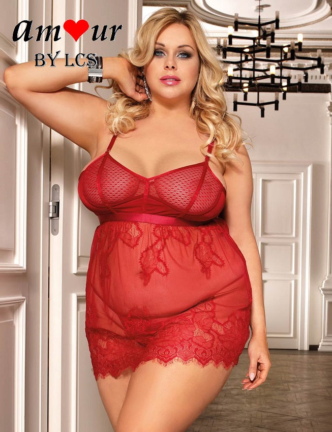 [red lace plus size babydoll] - AMOUR Lingerie