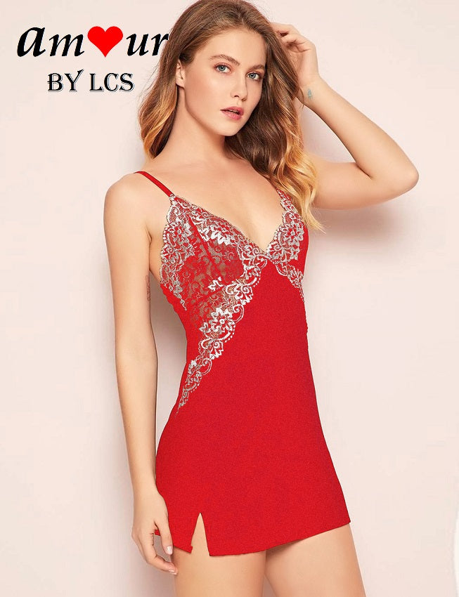 [contrasting embroidery red chemise] - AMOUR Lingerie