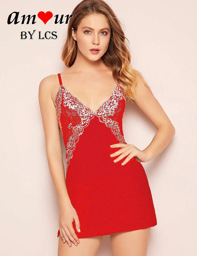 [red lace chemise pyjamas] - AMOUR Lingerie
