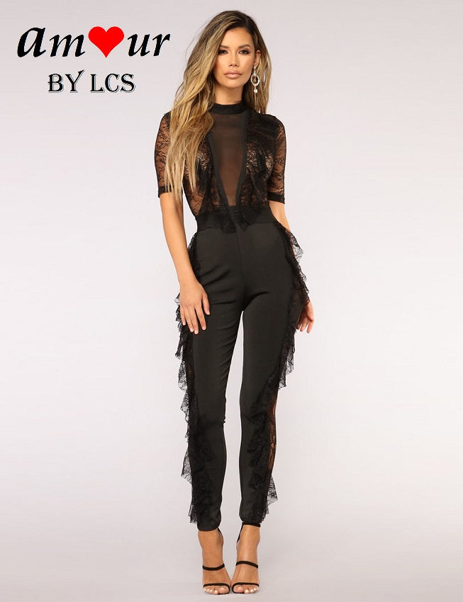 Sexy Sheer Lace Jumpsuit with Ruffles