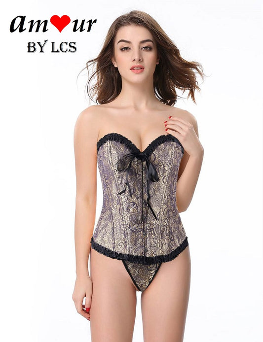 Sexy Satin Brocade Corset with G-String