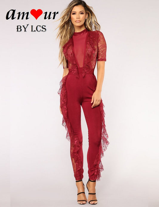 Sexy Sheer Lace Jumpsuit with Ruffles