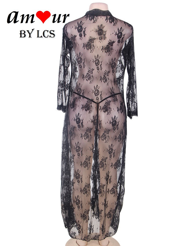 Sexy Sheer Black Lace Tie Front Robe Gown