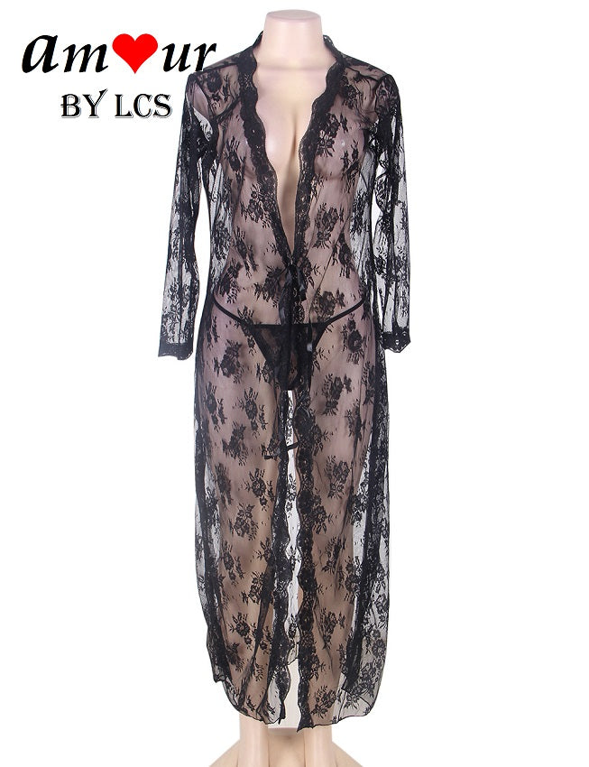 Sexy Sheer Black Lace Tie Front Robe Gown