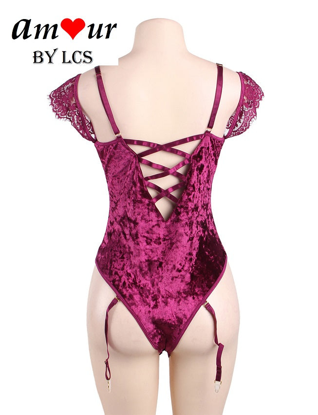 Sexy Drop Shoulder Sleeve Velvet & Lace Teddy