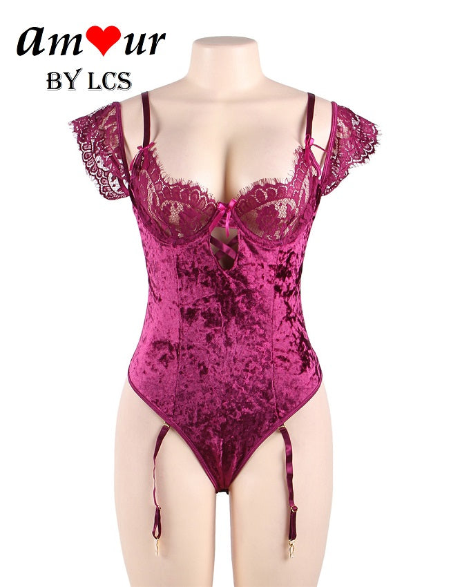 Sexy Drop Shoulder Sleeve Velvet & Lace Teddy