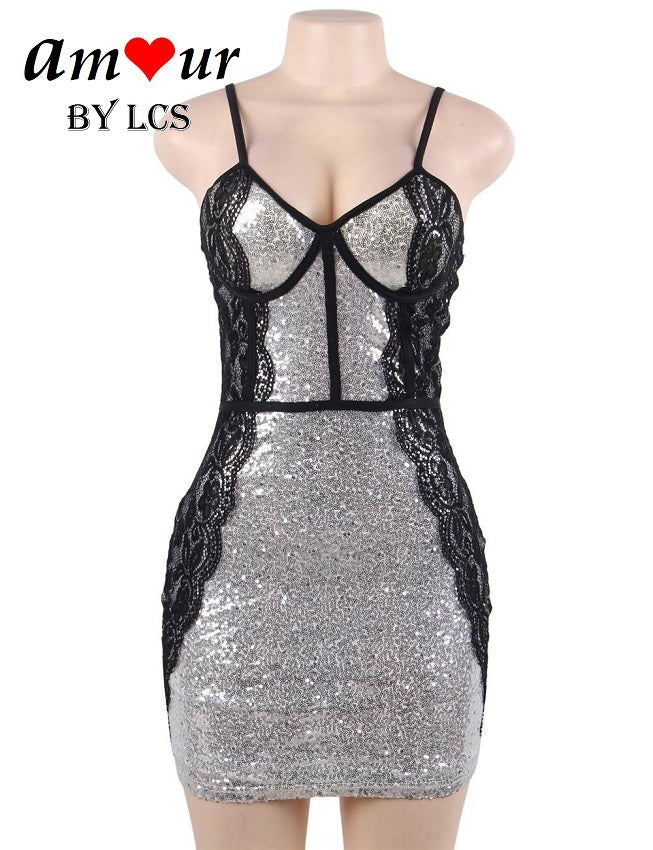 [silver sequins & lace bodycon dress} - AMOUR Lingerie