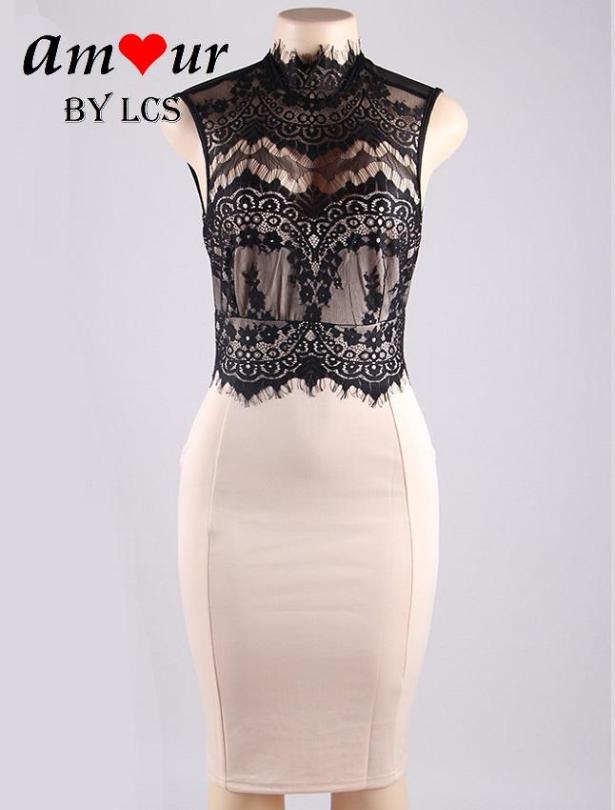 Sleeveless Black & Beige Lace Clubbing Party Pencil Dress