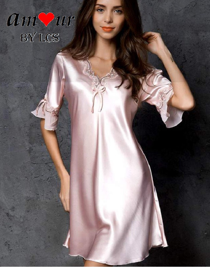 [pink satin pyjamas dress] - AMOUR Lingerie