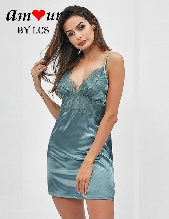 [v-neck lace & satin chemise] - AMOUR Lingerie